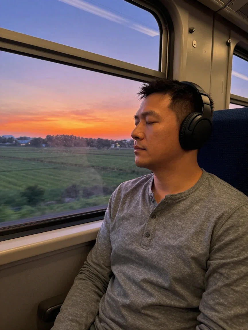 Man with headphones listening by a train window at dusk, generated on FluxoKit