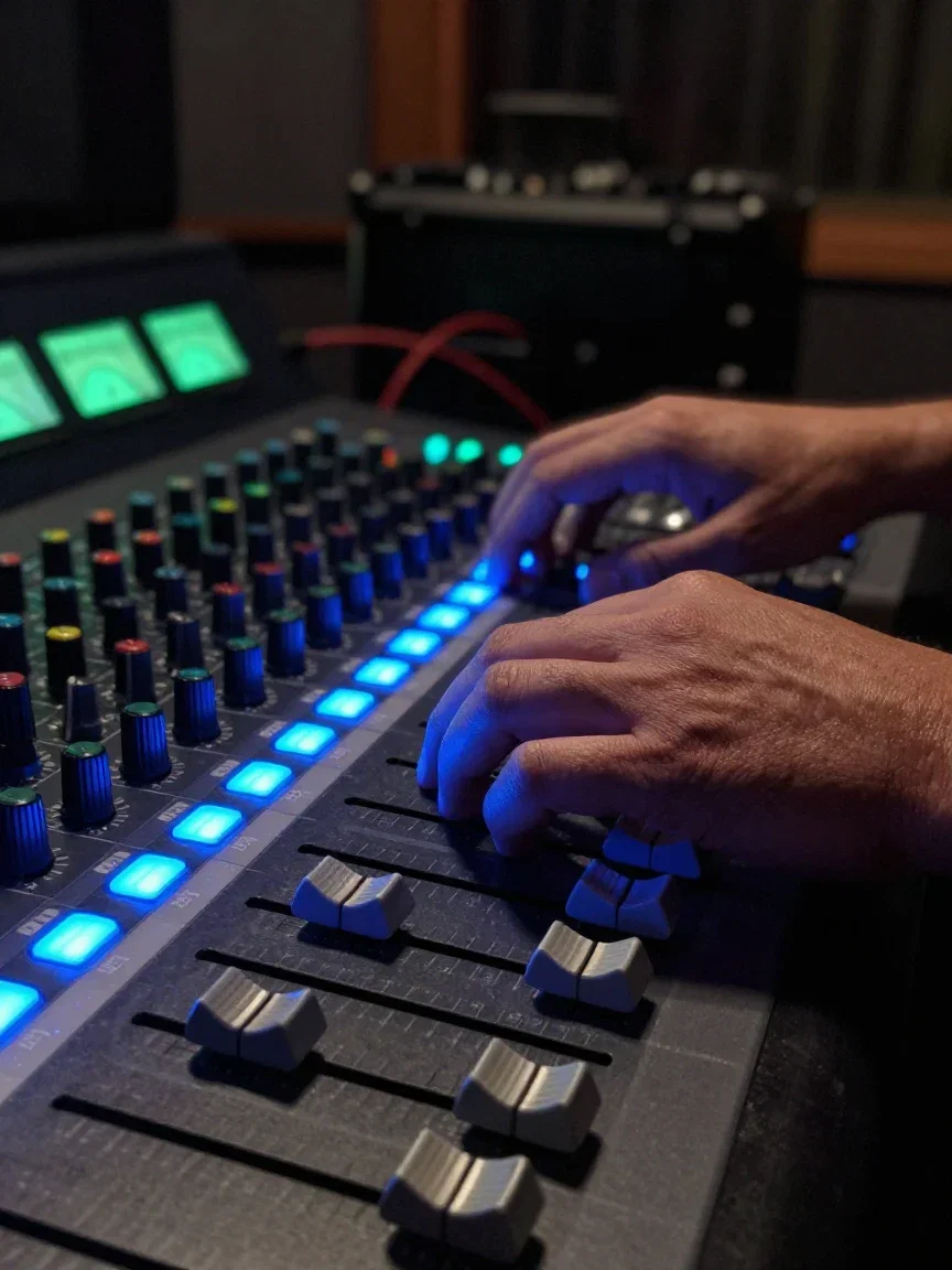 Sound engineer's hands over a glowing mixing console in a dark studio, generated on FluxoKit