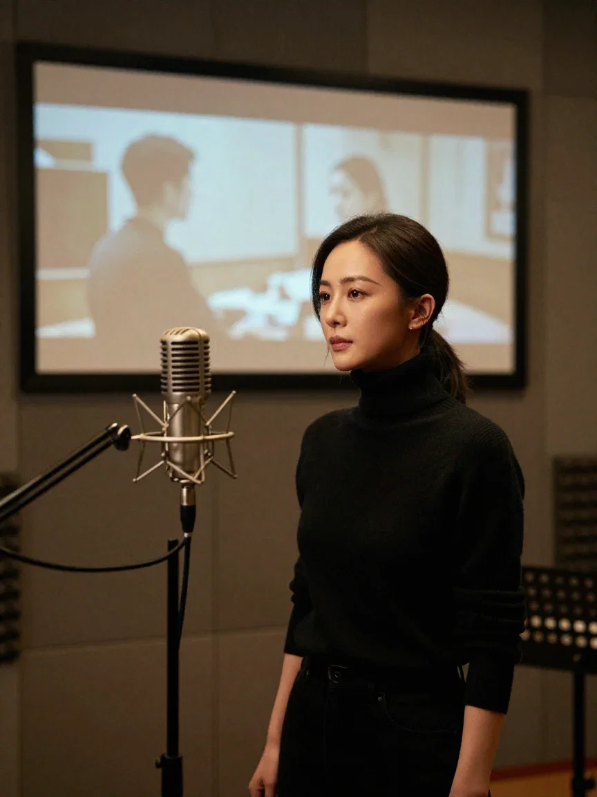 Actress at a microphone in a dim dubbing booth facing a blurred film screen, generated on FluxoKit