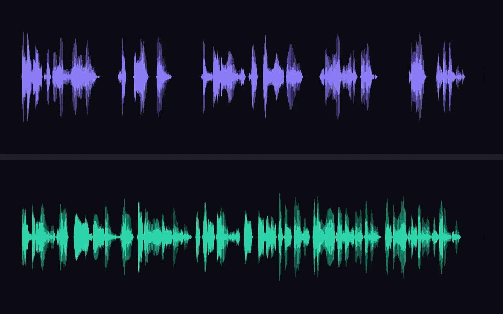 Waveforms of the English source take and its Portuguese dub made with ElevenLabs dubbing on FluxoKit