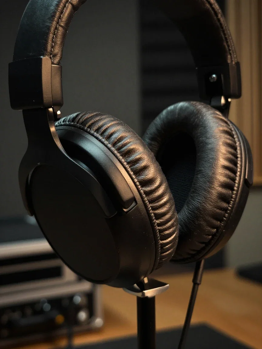 Studio headphones resting on a microphone stand in moody side light, generated on FluxoKit