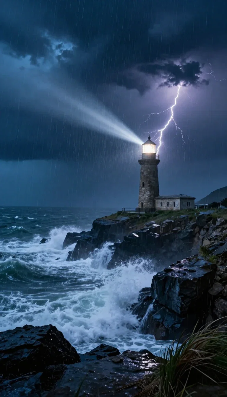 Lighthouse beam cutting through a night storm over huge waves, generated on FluxoKit