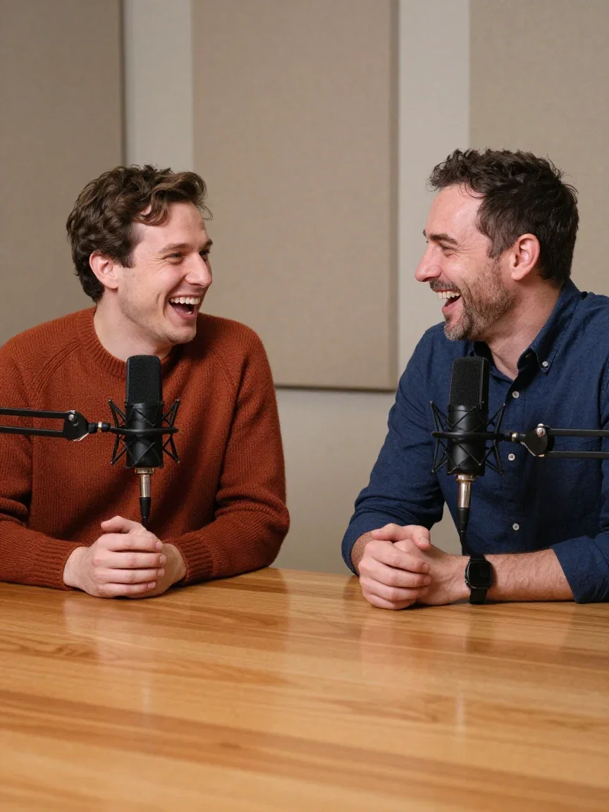 Two podcast hosts laughing at their microphones across a wooden desk, generated on FluxoKit