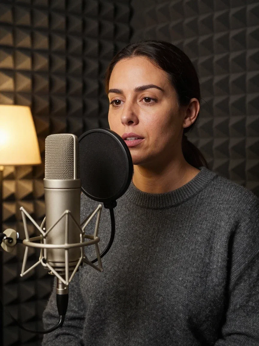 Voice actress in a charcoal sweater recording at a studio microphone, generated on FluxoKit