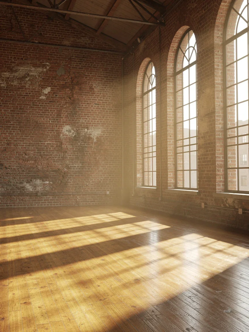 Sunlit empty industrial loft with arched windows and brick walls, generated with FLUX.2 Pro on FluxoKit