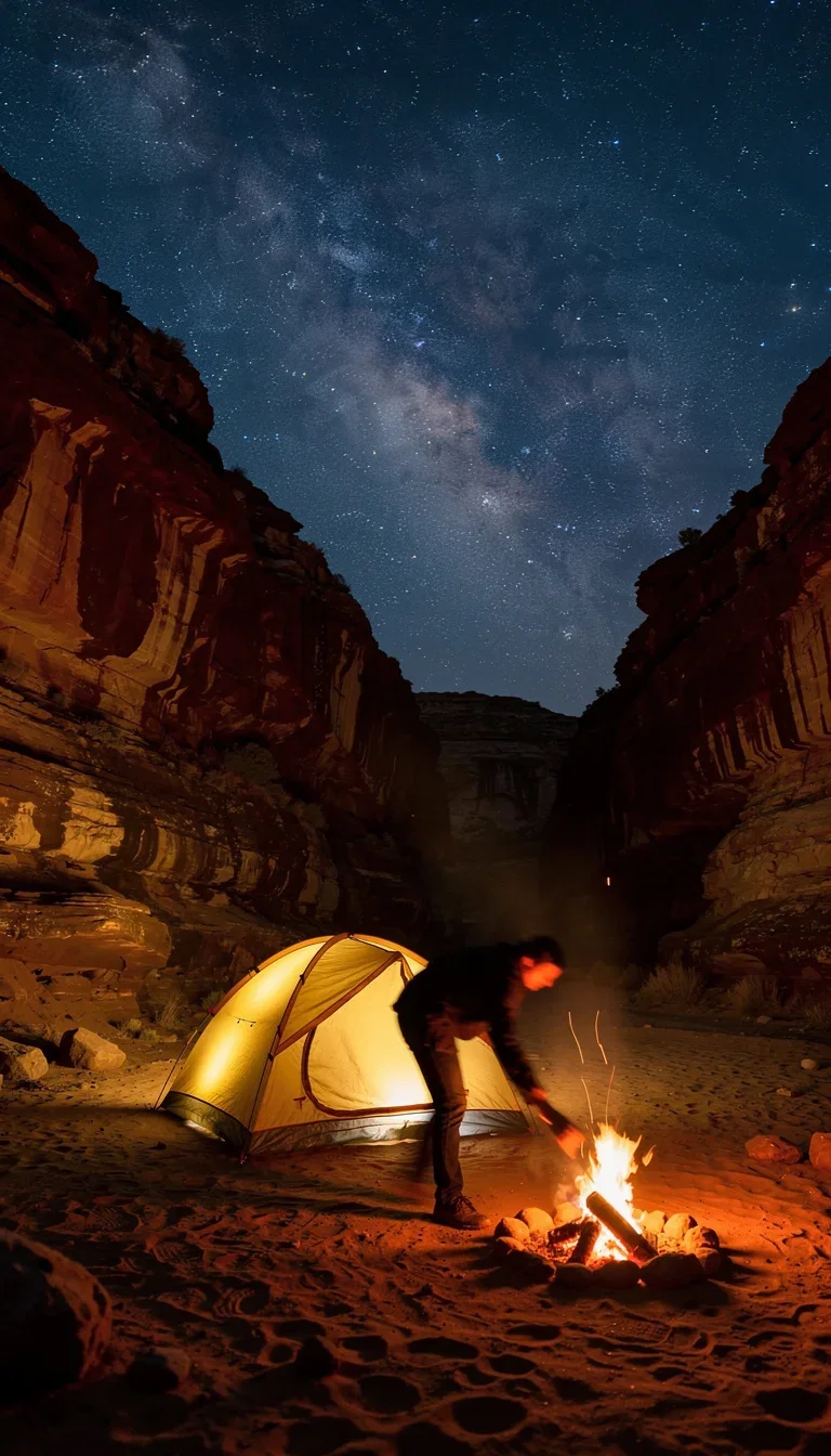 Glowing tent under stars in a sandstone canyon with campfire embers, generated with FLUX.2 Pro on FluxoKit