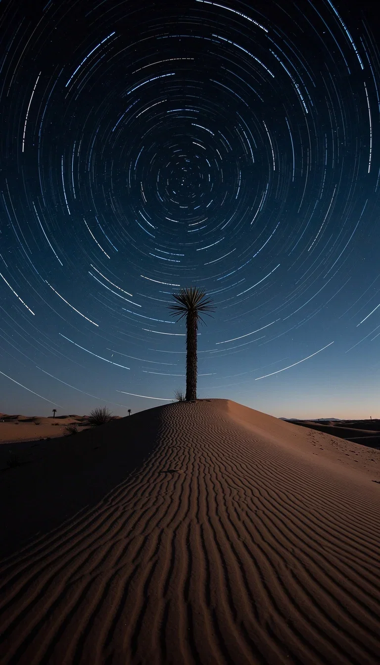 Star trails arcing over a desert dune with a yucca silhouette, generated with FLUX.2 Pro on FluxoKit