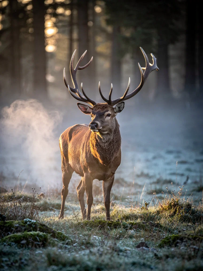 Red stag in a foggy forest clearing at dawn, generated with FLUX.2 Pro on FluxoKit