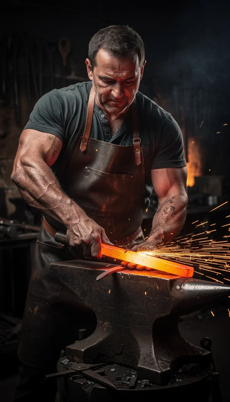 Blacksmith striking hot steel with sparks arcing through forge air, generated with FLUX.2 Pro on FluxoKit