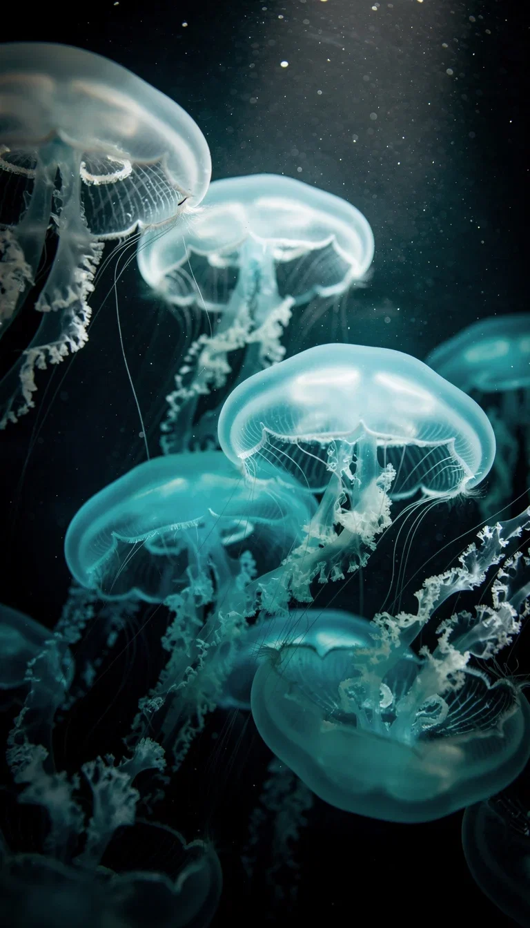 Backlit bloom of moon jellyfish glowing cyan in dark water, generated with FLUX.2 Pro on FluxoKit