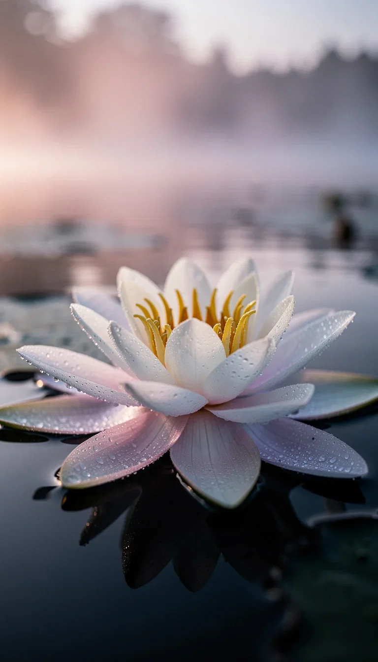 Water lily opening at dawn with dew and pink mist, generated with FLUX.2 Pro on FluxoKit
