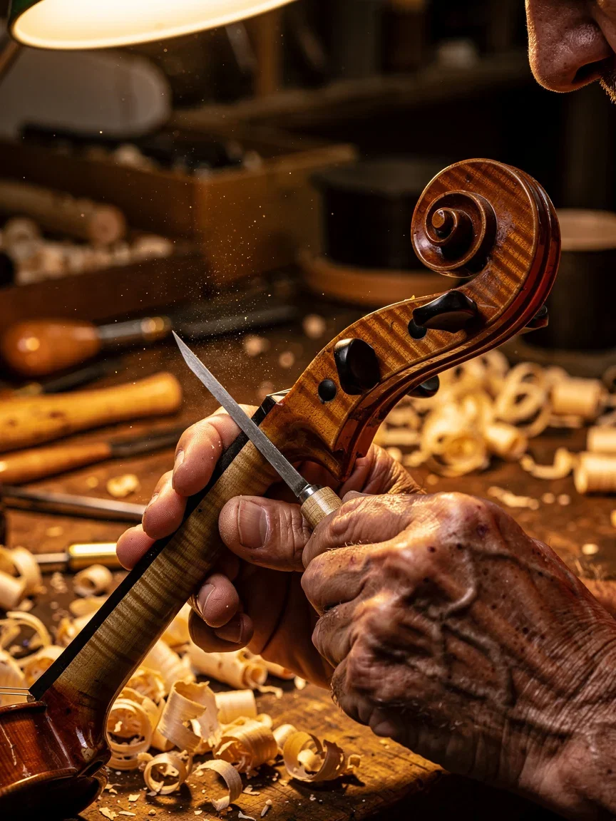 Luthier carving a violin scroll with wood shavings curling, generated with FLUX.2 Pro on FluxoKit