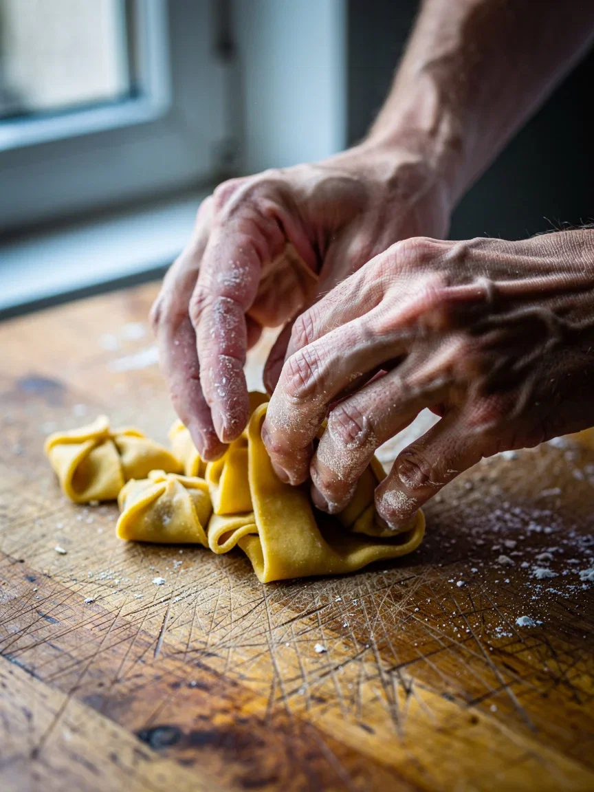 Flour-dusted hands folding fresh pasta in window light, generated with FLUX.2 Pro on FluxoKit