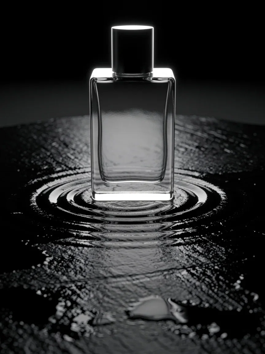 Blank glass perfume bottle on wet black slate with a ripple ring, generated with FLUX.2 Pro on FluxoKit