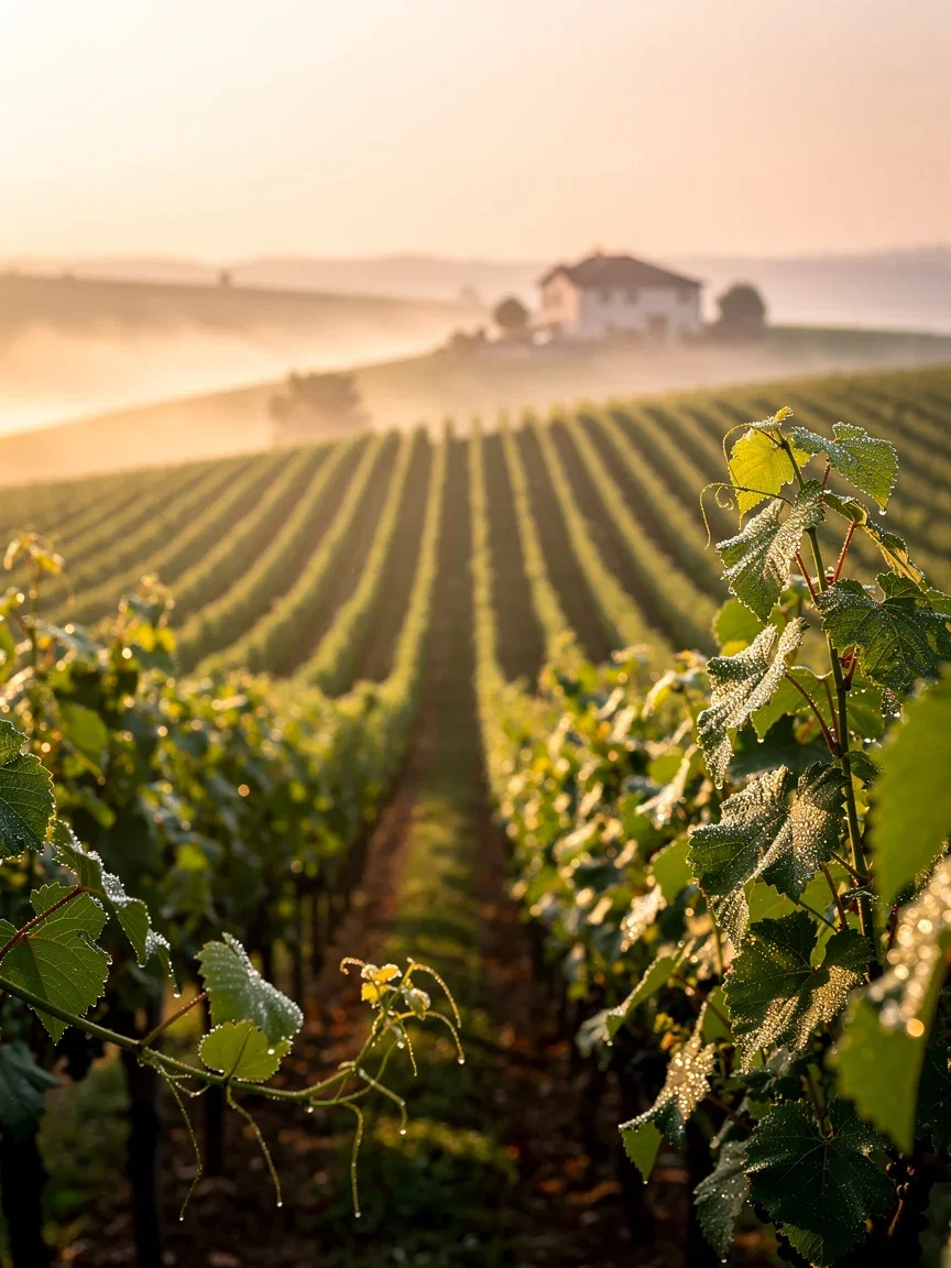 Vineyard rows curving through golden dawn mist, generated with FLUX.2 Pro on FluxoKit