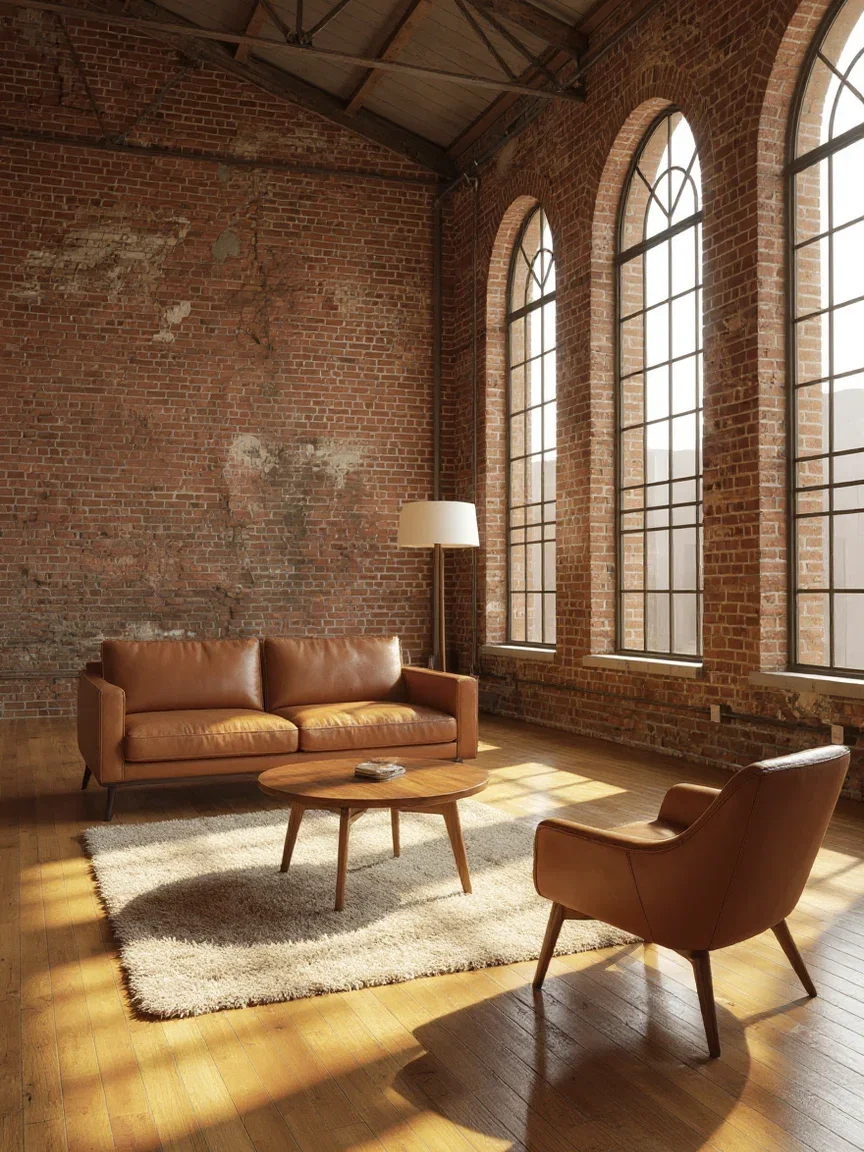 The same loft furnished with mid-century furniture by one Kontext instruction, edited with FLUX Kontext on FluxoKit