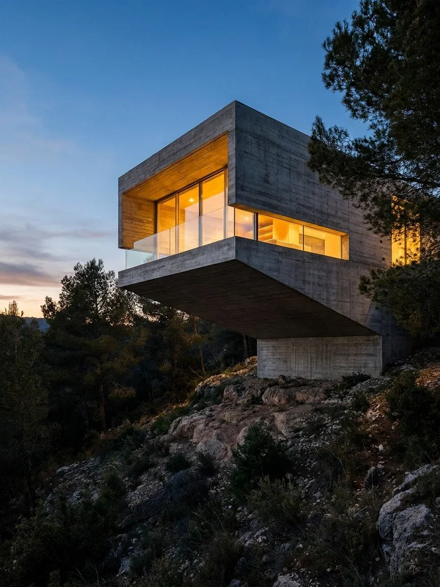 Concrete house cantilevered over a hillside at dusk, generated with Gemini 3 Pro Image on FluxoKit