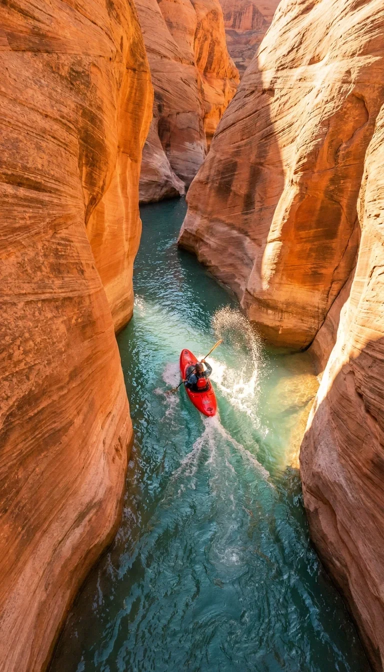 Red kayak carving through a turquoise slot canyon river from above, generated with Gemini 3 Pro Image on FluxoKit