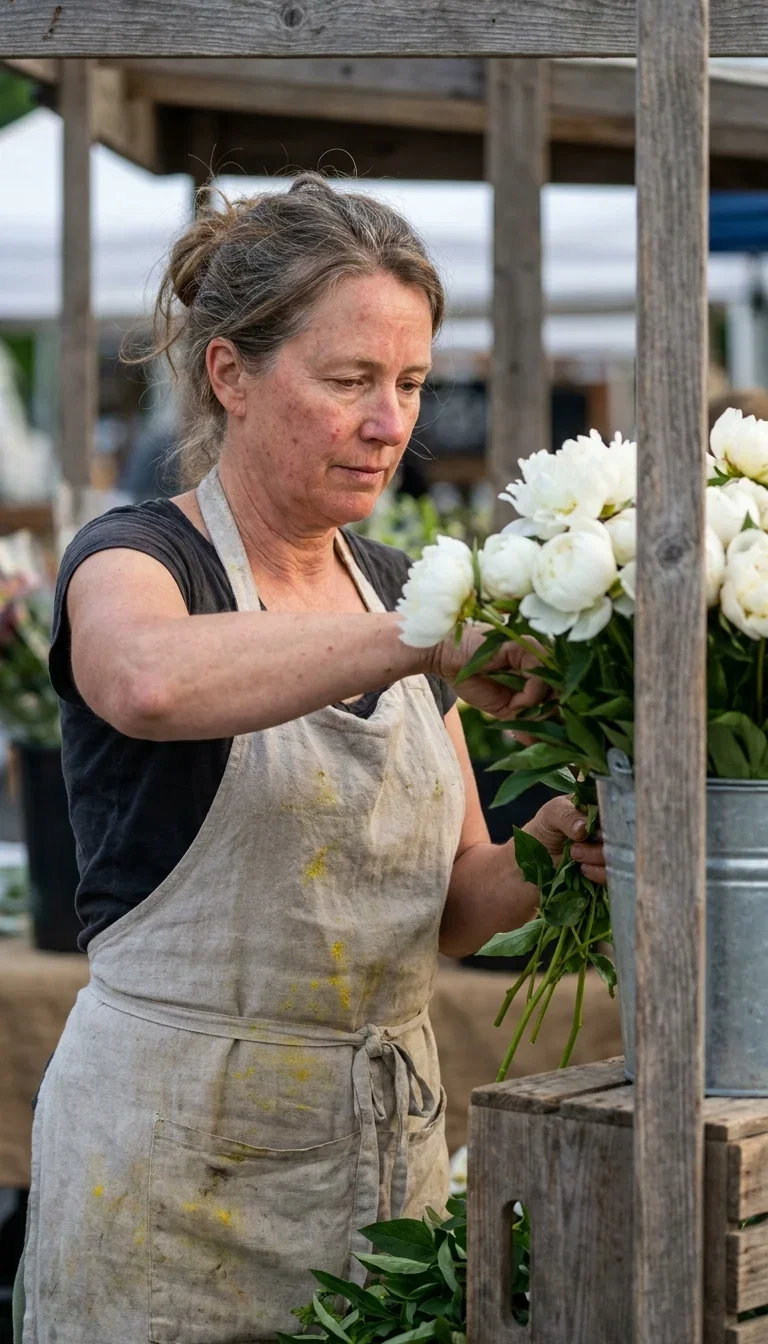 Florist arranging white peonies at a plain wooden stall at dawn, generated with Gemini 3 Pro Image on FluxoKit