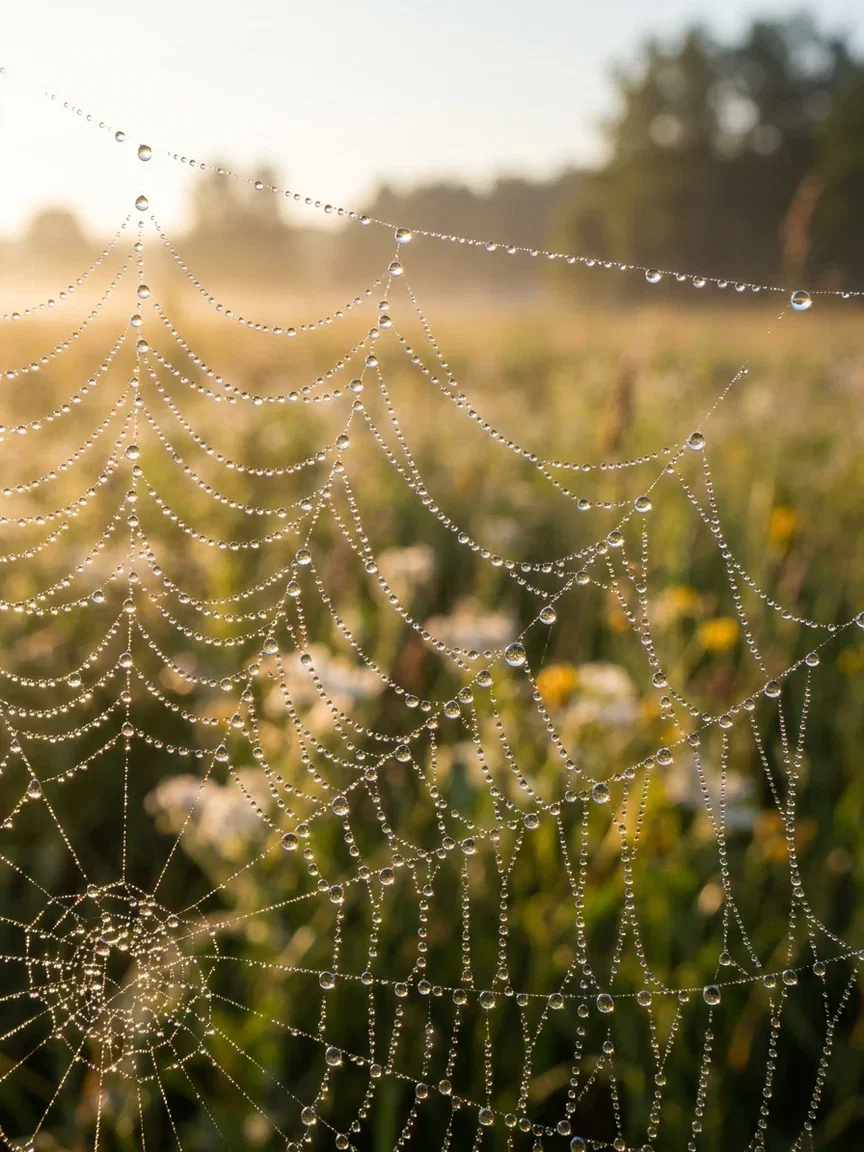 Spiderweb strung with refracting dew drops at sunrise, generated with Gemini 3 Pro Image on FluxoKit
