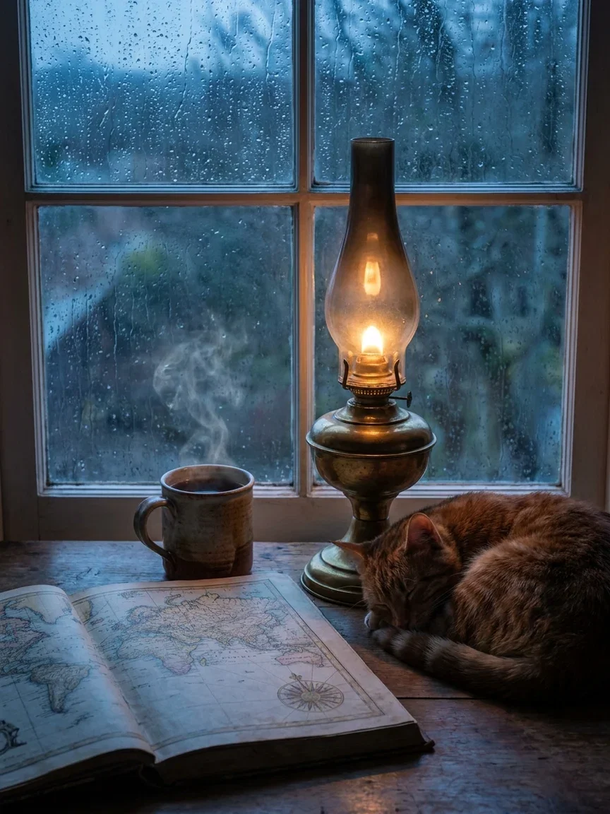 Still life delivering five briefed constraints - blue hour window, brass lamp, open atlas, steaming cup, sleeping cat - generated with Gemini 3 Pro Image on FluxoKit
