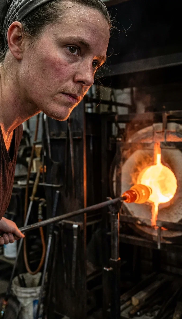 Glassblower shaping molten glass at a roaring furnace, generated with Gemini 3 Pro Image on FluxoKit