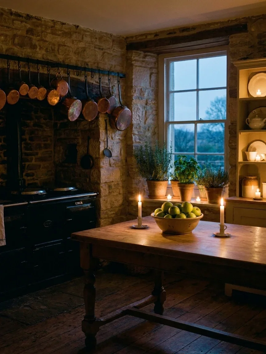 The same farmhouse kitchen turned candlelit evening by one instruction, edited with Gemini 3 Pro Image on FluxoKit