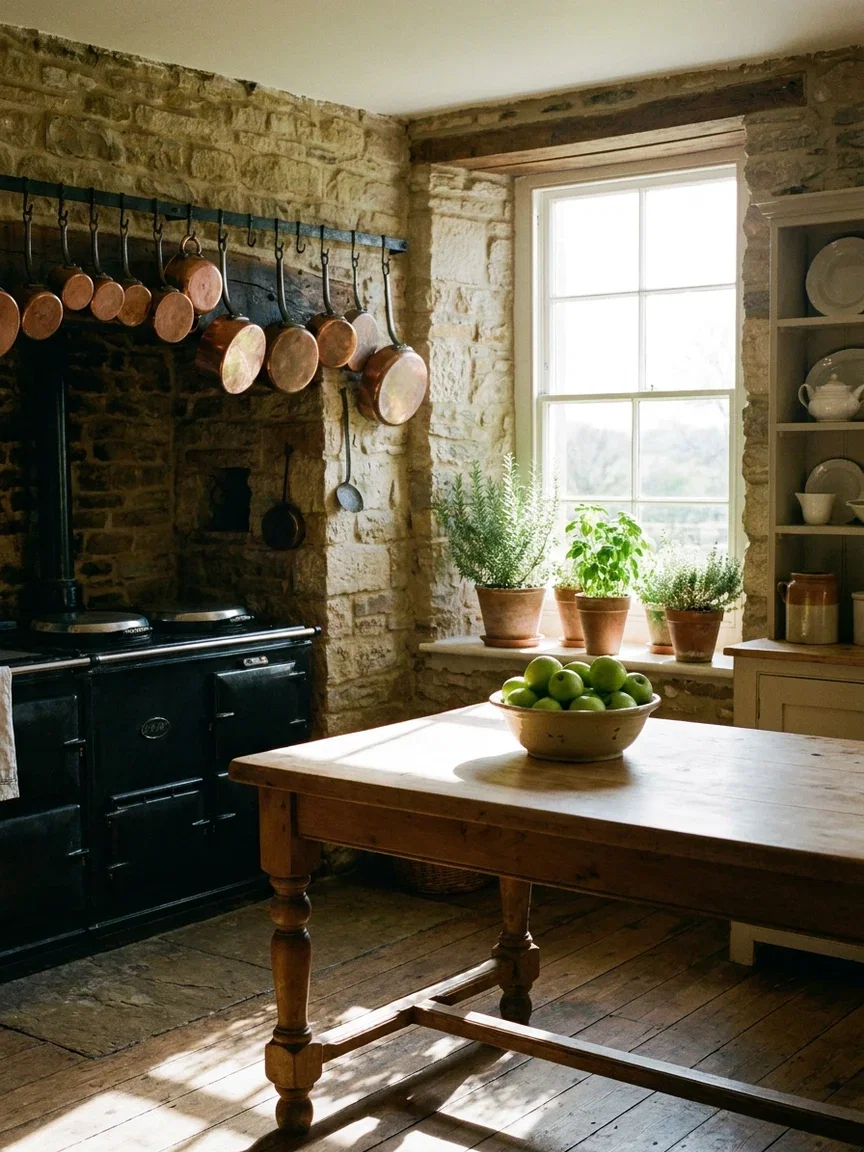 Farmhouse kitchen at bright midday with copper pots and green apples, generated with Gemini 3 Pro Image on FluxoKit