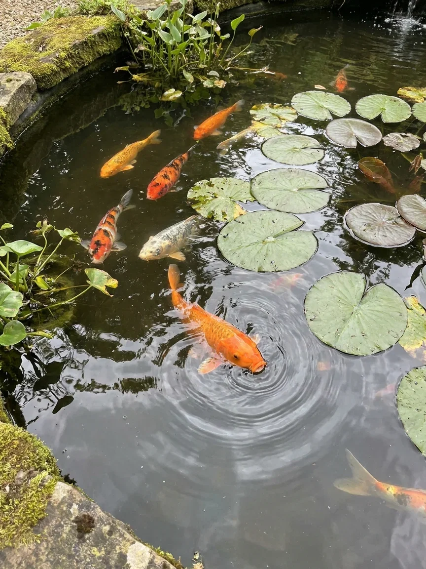 Koi gliding through a dark garden pond with one breaking the surface, generated with Gemini 3 Pro Image on FluxoKit