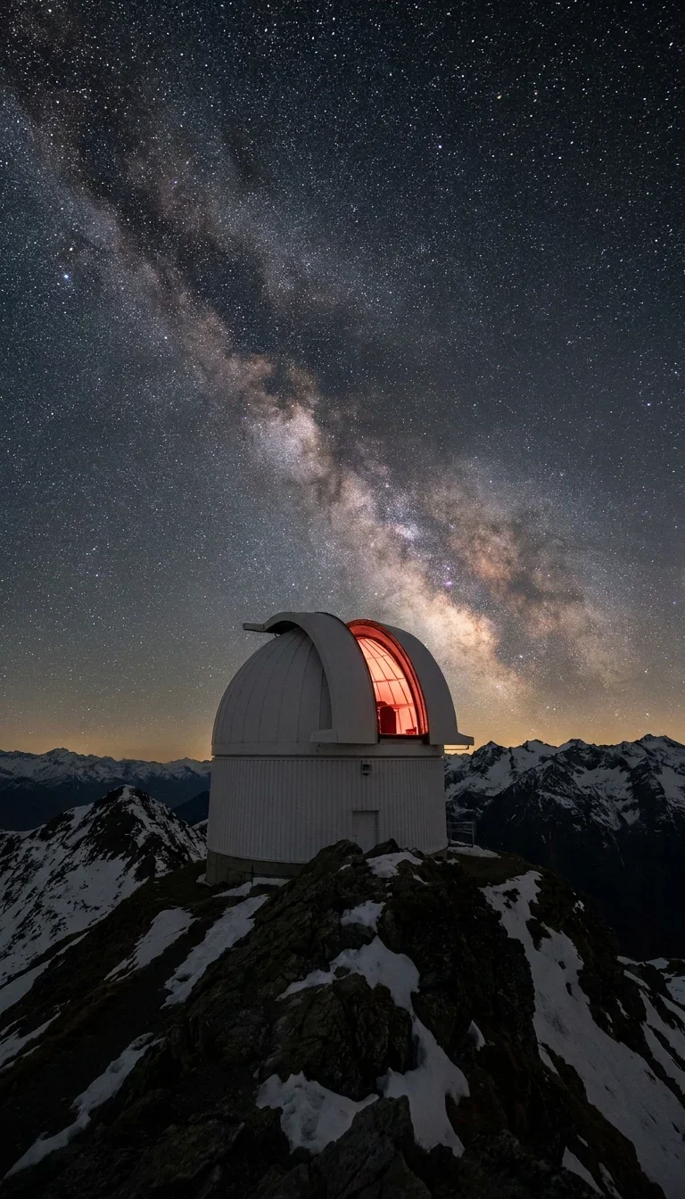Observatory dome under the arching milky way with red light in the slit, generated with Gemini 3 Pro Image on FluxoKit