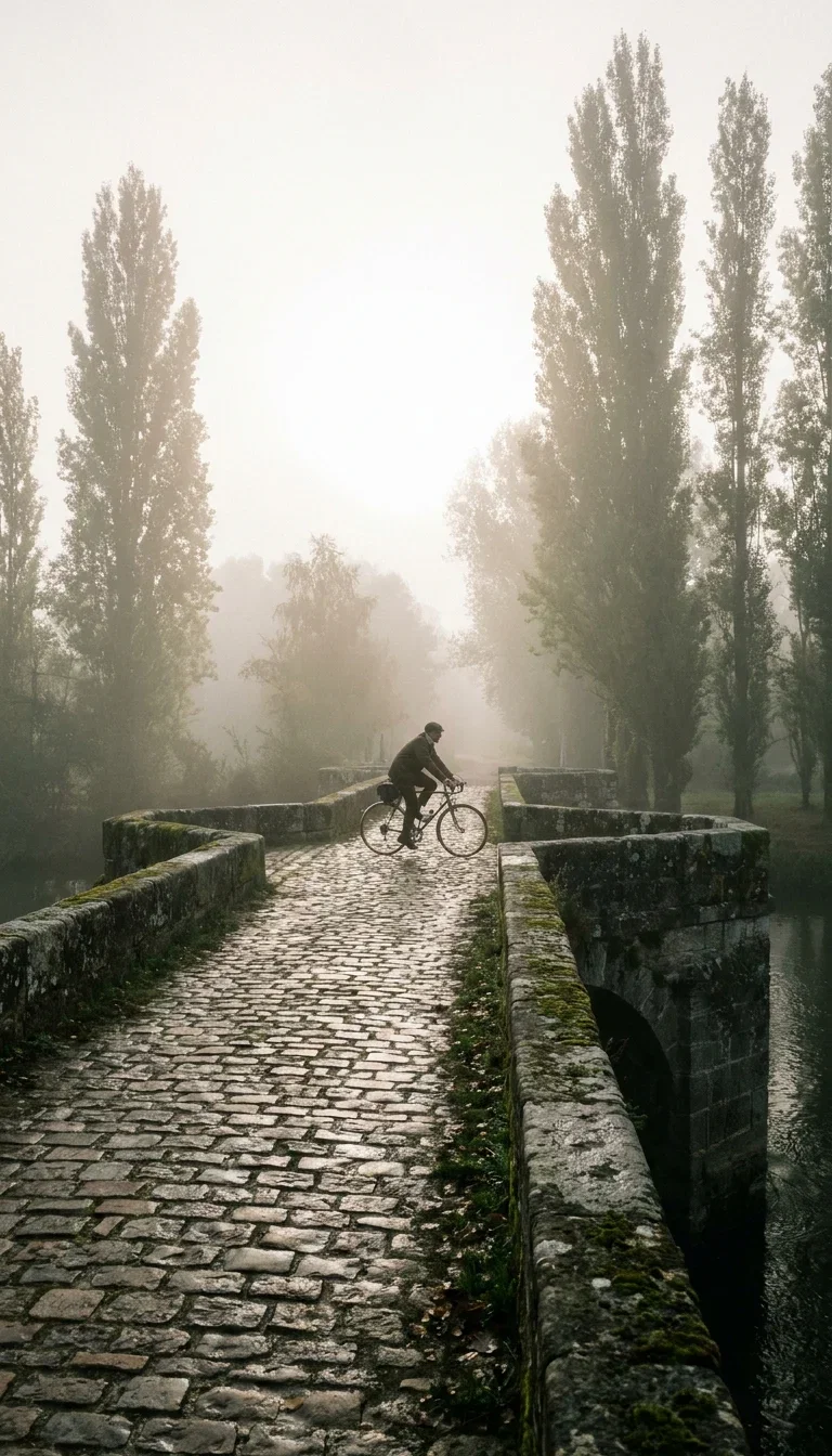 Lone cyclist crossing an old stone bridge through morning mist, generated with Gemini 3 Pro Image on FluxoKit