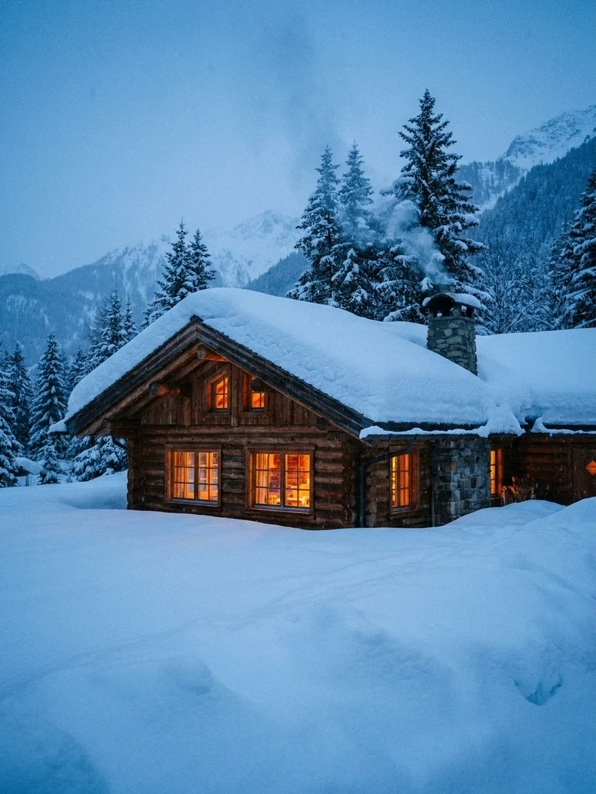 Alpine log cabin glowing amber in heavy blue-hour snowfall, generated with Gemini 3 Pro Image on FluxoKit