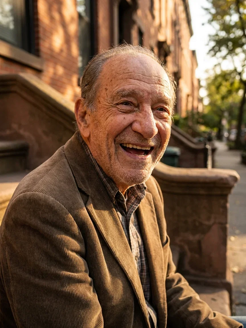 Elderly man laughing on a sunlit stoop in a corduroy jacket, generated with Gemini 3 Pro Image on FluxoKit