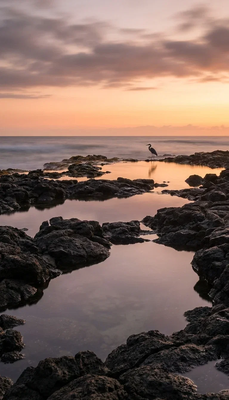 Tidal pools mirroring a peach sunset with a heron, generated with Gemini 3 Pro Image on FluxoKit