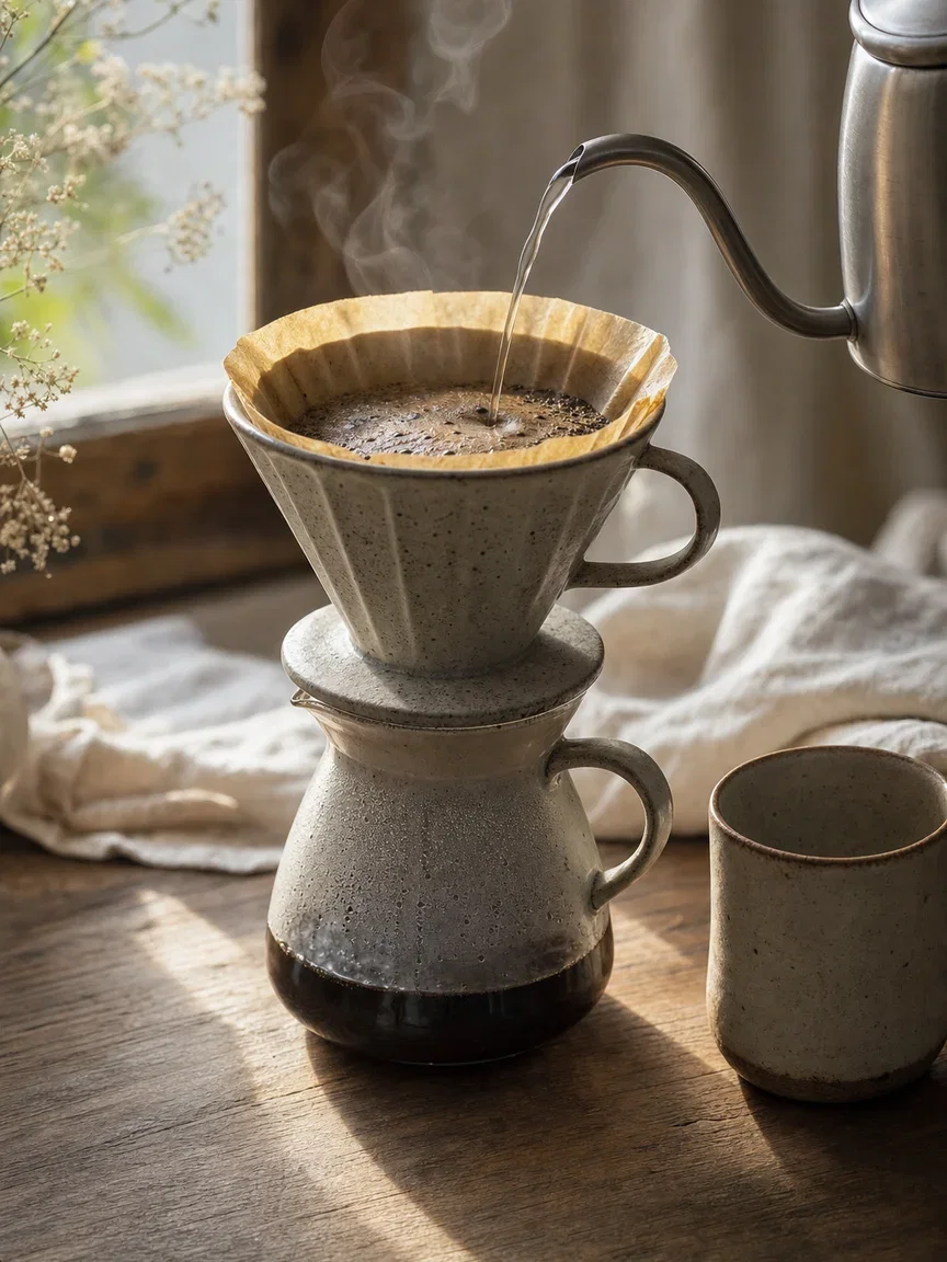 The hero shot GPT-5.2 briefed - pour-over set in morning window light with steam and bloom - rendered verbatim with GPT Image 2 on FluxoKit