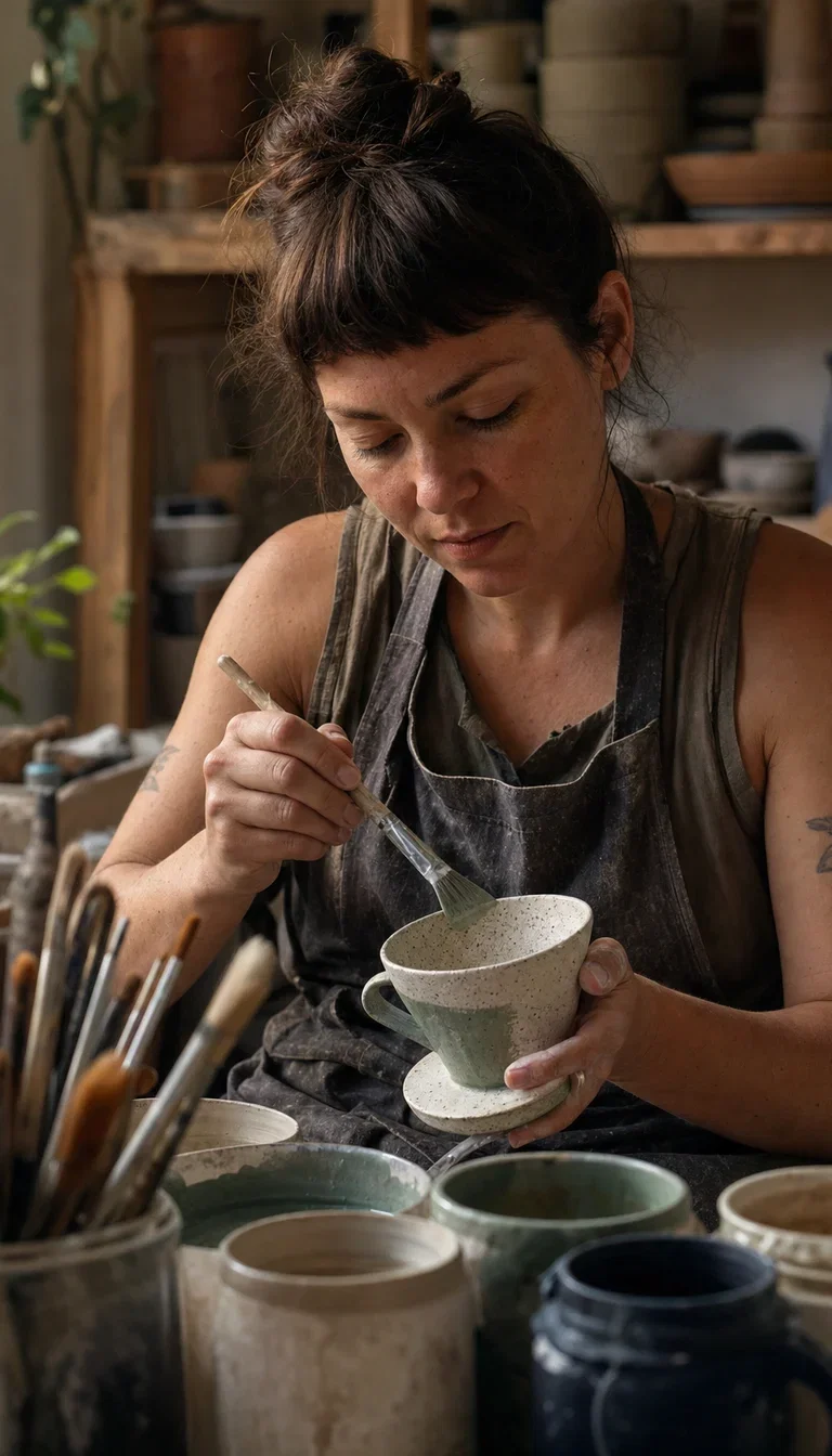 Ceramicist glazing a speckled pour-over dripper at her studio bench, rendered with GPT Image 2 for the GPT-5.2 campaign demo on FluxoKit