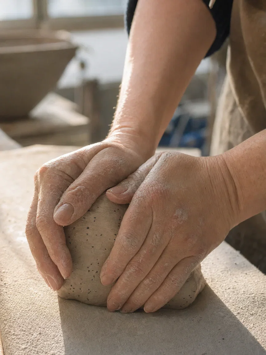 Hands wedging speckled clay in morning studio light, rendered with GPT Image 2 on FluxoKit