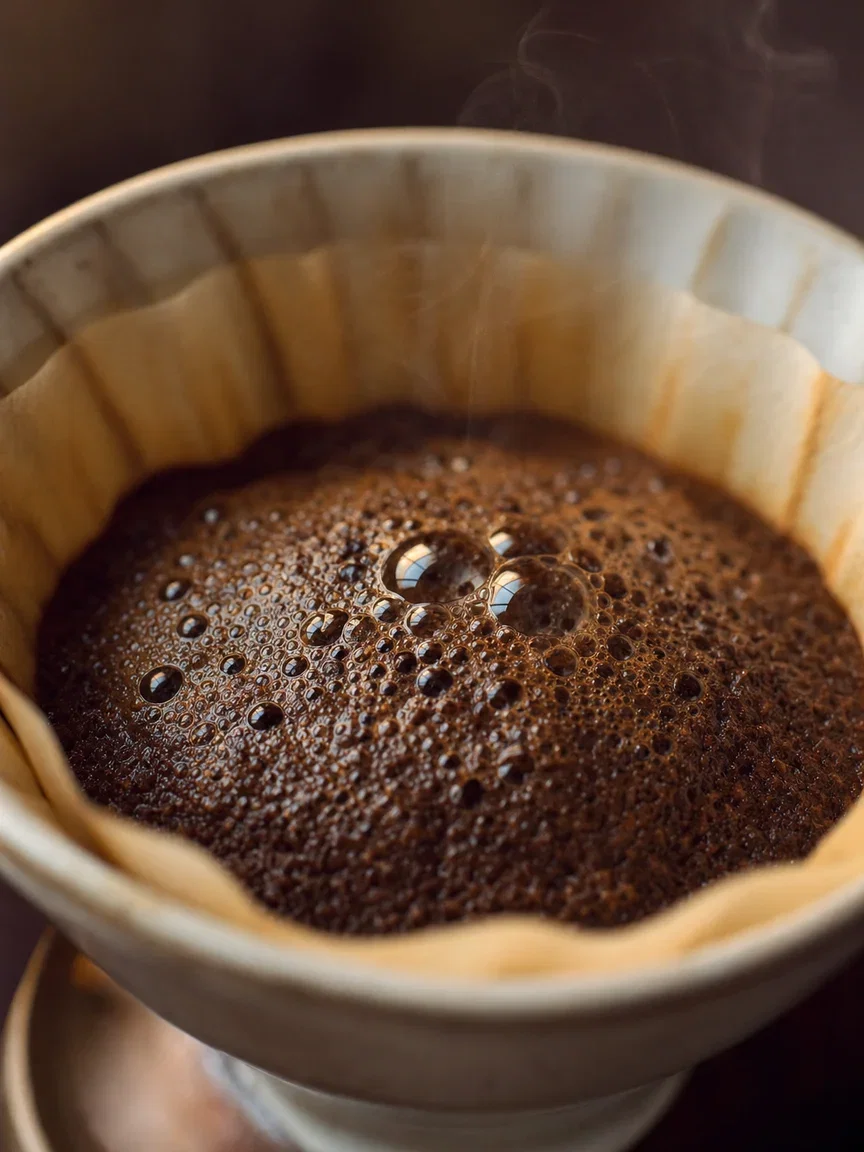 Macro of coffee blooming in a ceramic dripper, rendered with GPT Image 2 on FluxoKit
