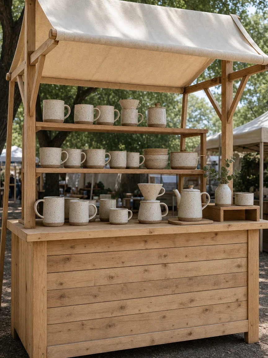 Plain wooden craft-fair stand of ceramic coffee ware, rendered with GPT Image 2 on FluxoKit