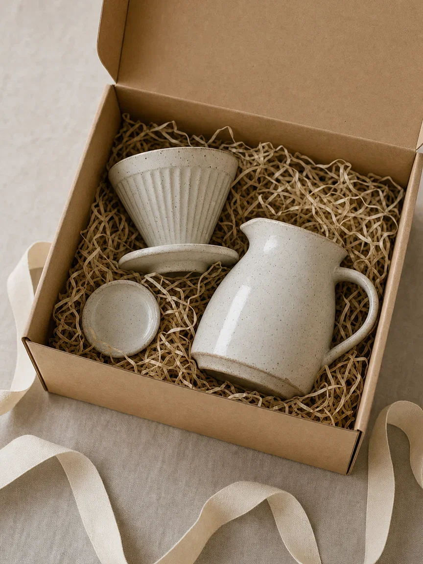Kraft gift box with a ceramic pour-over set in paper wool, rendered with GPT Image 2 on FluxoKit