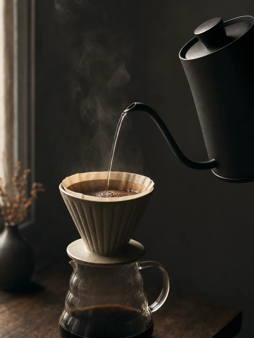 Gooseneck kettle pouring a thin stream into a ceramic dripper, rendered with GPT Image 2 on FluxoKit