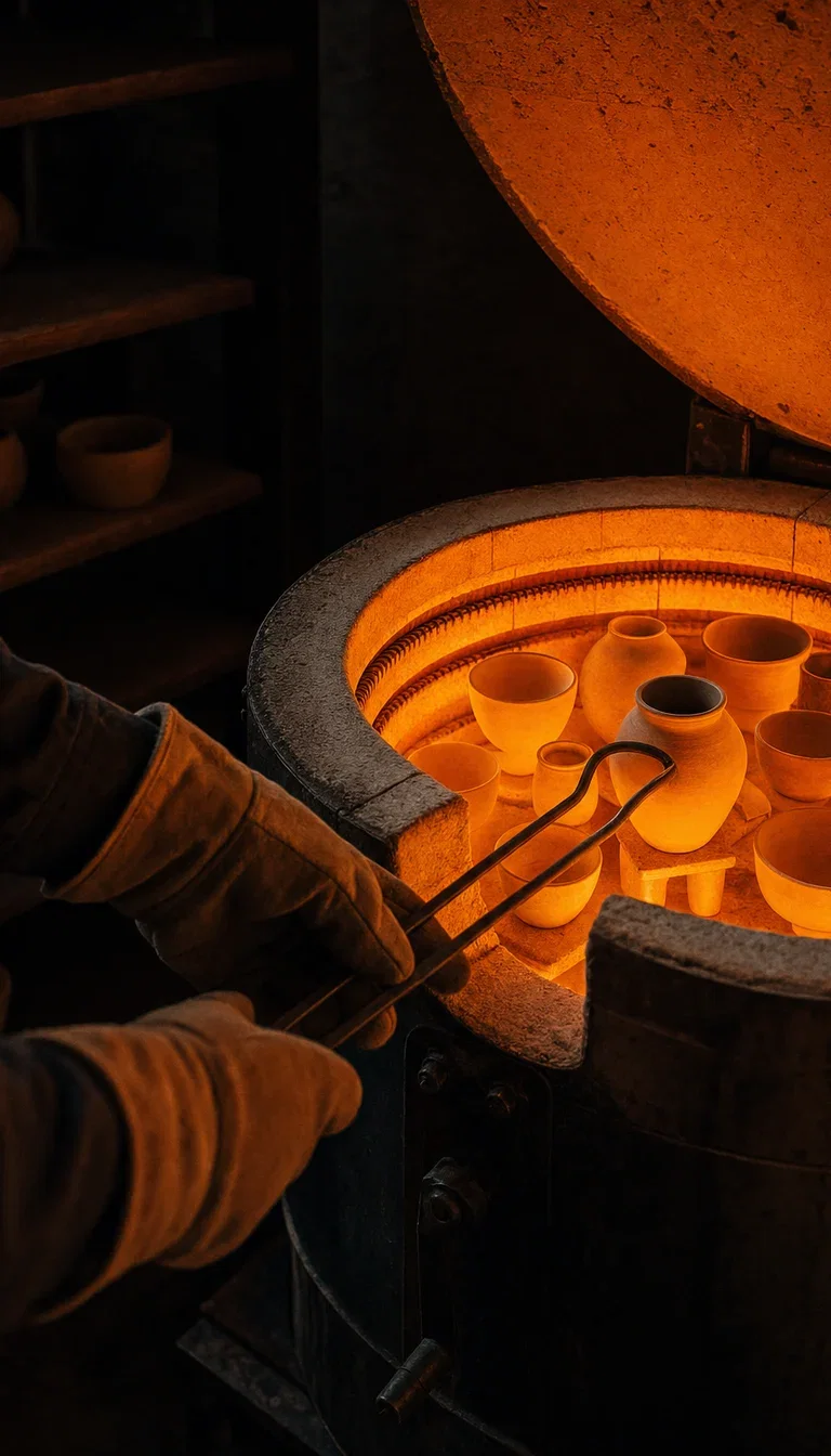 Open kiln glowing amber as gloved hands reach with tongs, rendered with GPT Image 2 on FluxoKit