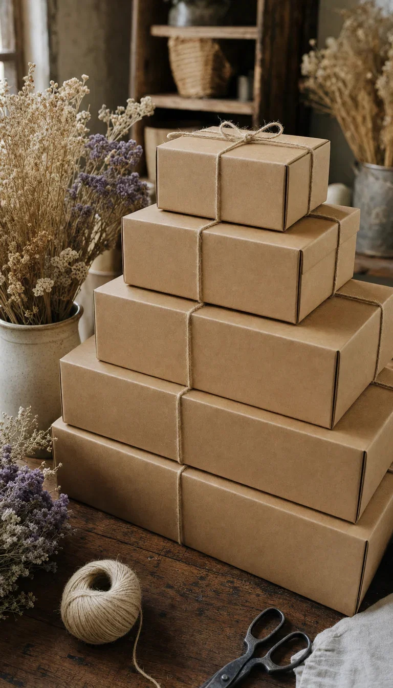 Plain kraft boxes tied with twine ready to ship, rendered with GPT Image 2 on FluxoKit