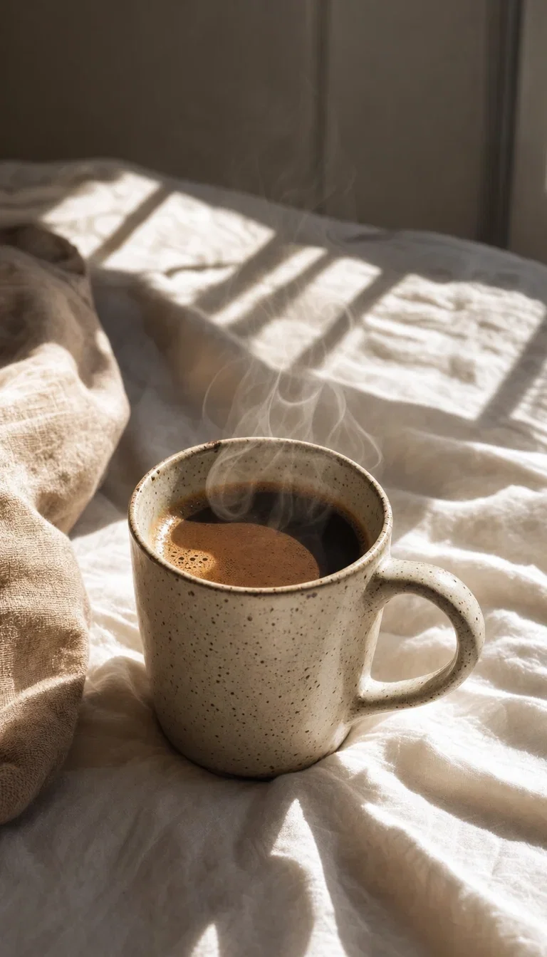 Speckled ceramic mug of coffee on rumpled morning linen, rendered with GPT Image 2 on FluxoKit