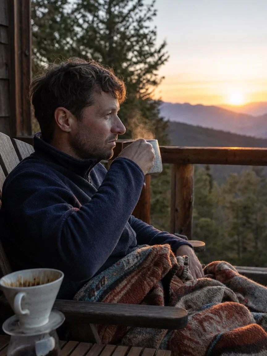 A man enjoying pour-over coffee on a cabin porch at sunrise, rendered with GPT Image 2 for the campaign demo on FluxoKit