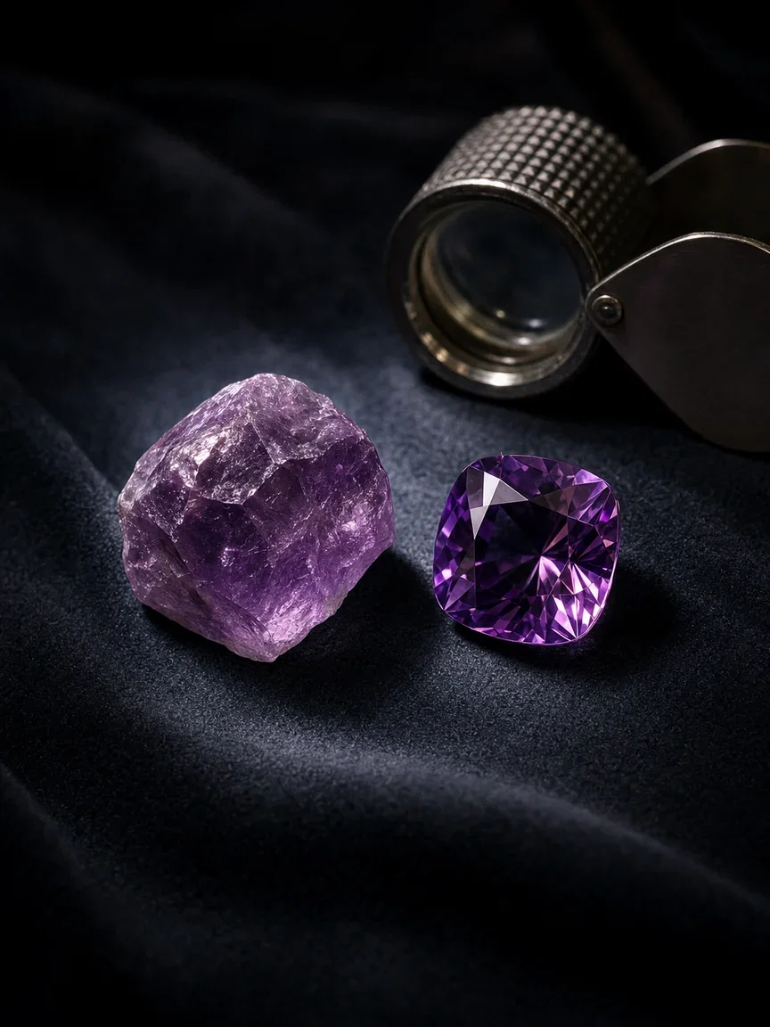 An uncut gemstone beside its faceted twin on a jeweler's cloth, rendered with GPT Image 2 on FluxoKit