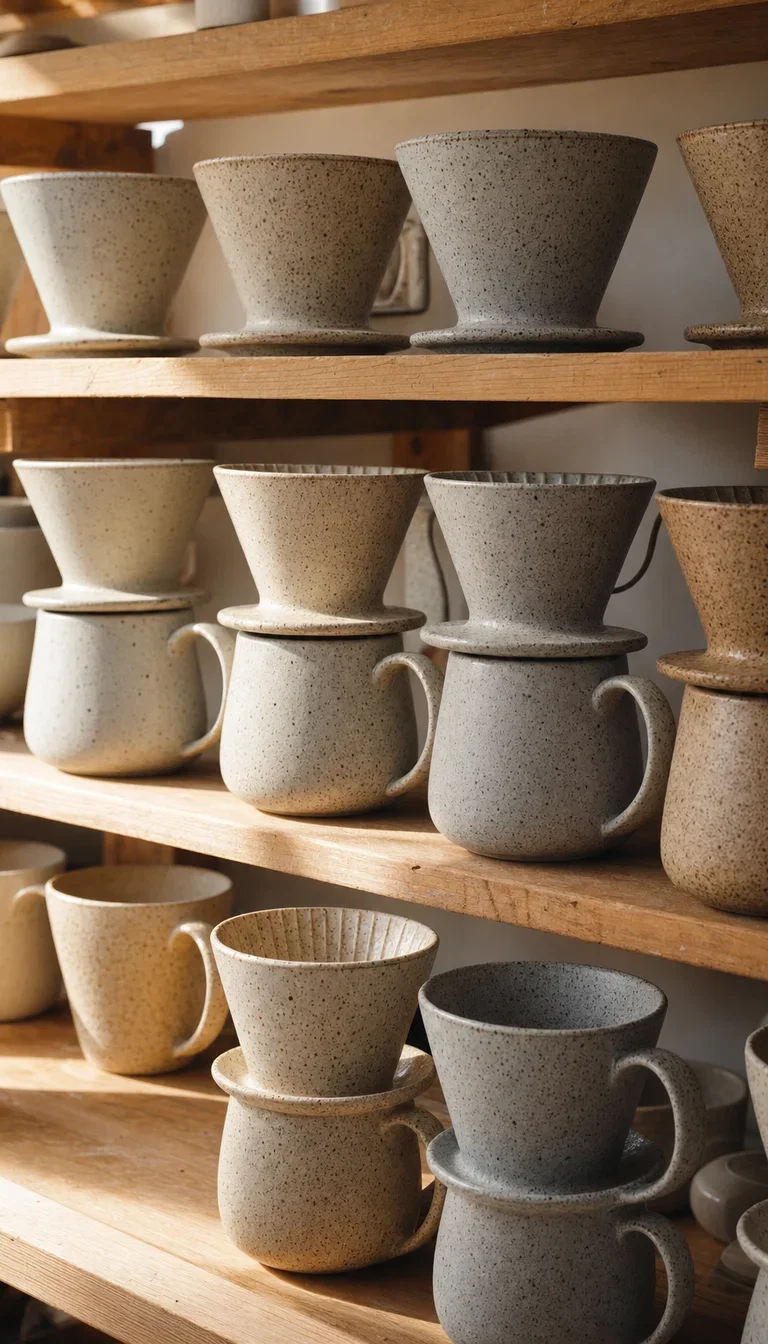 Studio shelves of finished ceramic pour-over sets, rendered with GPT Image 2 for the GPT-5.2 campaign demo on FluxoKit
