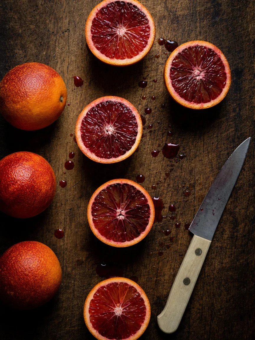 Blood oranges cut open on a worn butcher block, generated with GPT Image 2 on FluxoKit