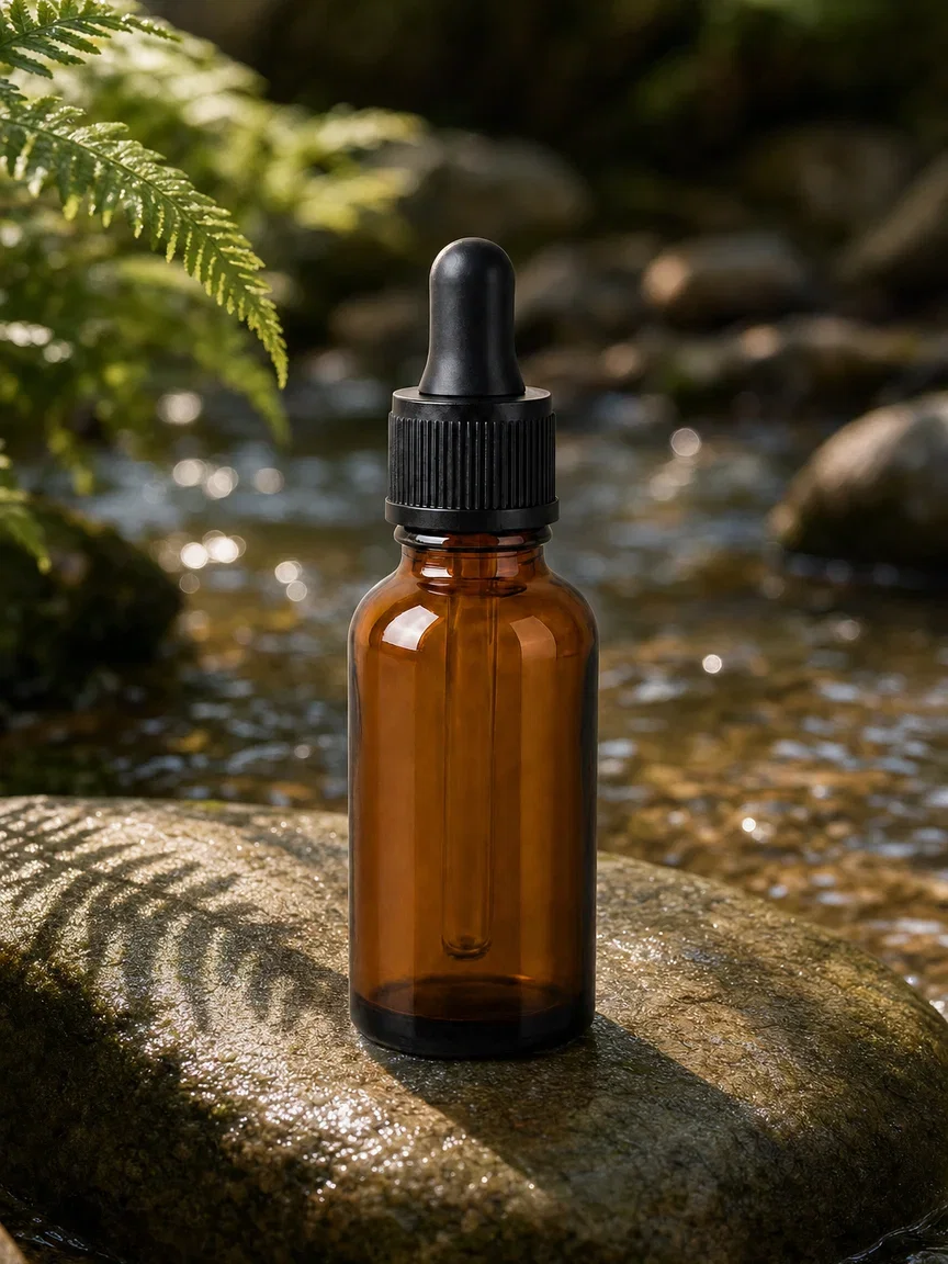 The same amber bottle restaged on a wet river stone with fern shadows, edited with GPT Image 2 on FluxoKit