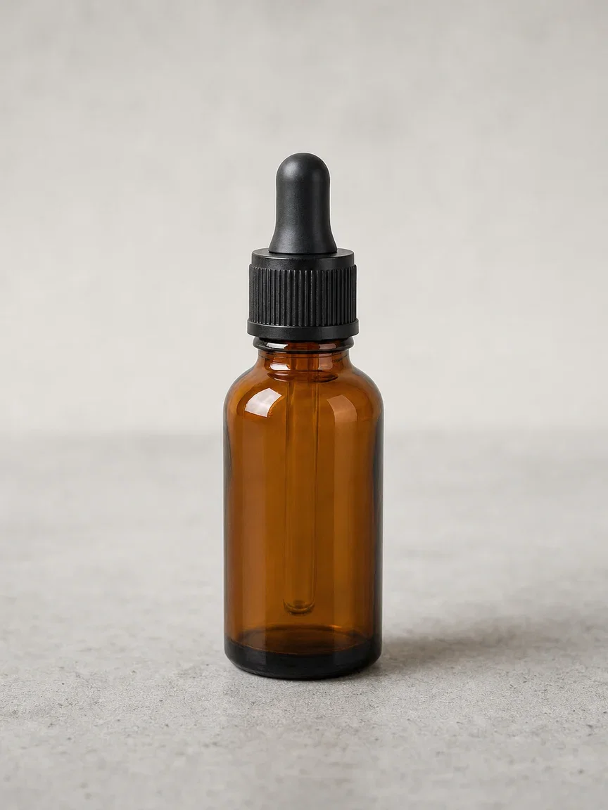 Unlabeled amber dropper bottle on plain concrete, generated with GPT Image 2 on FluxoKit